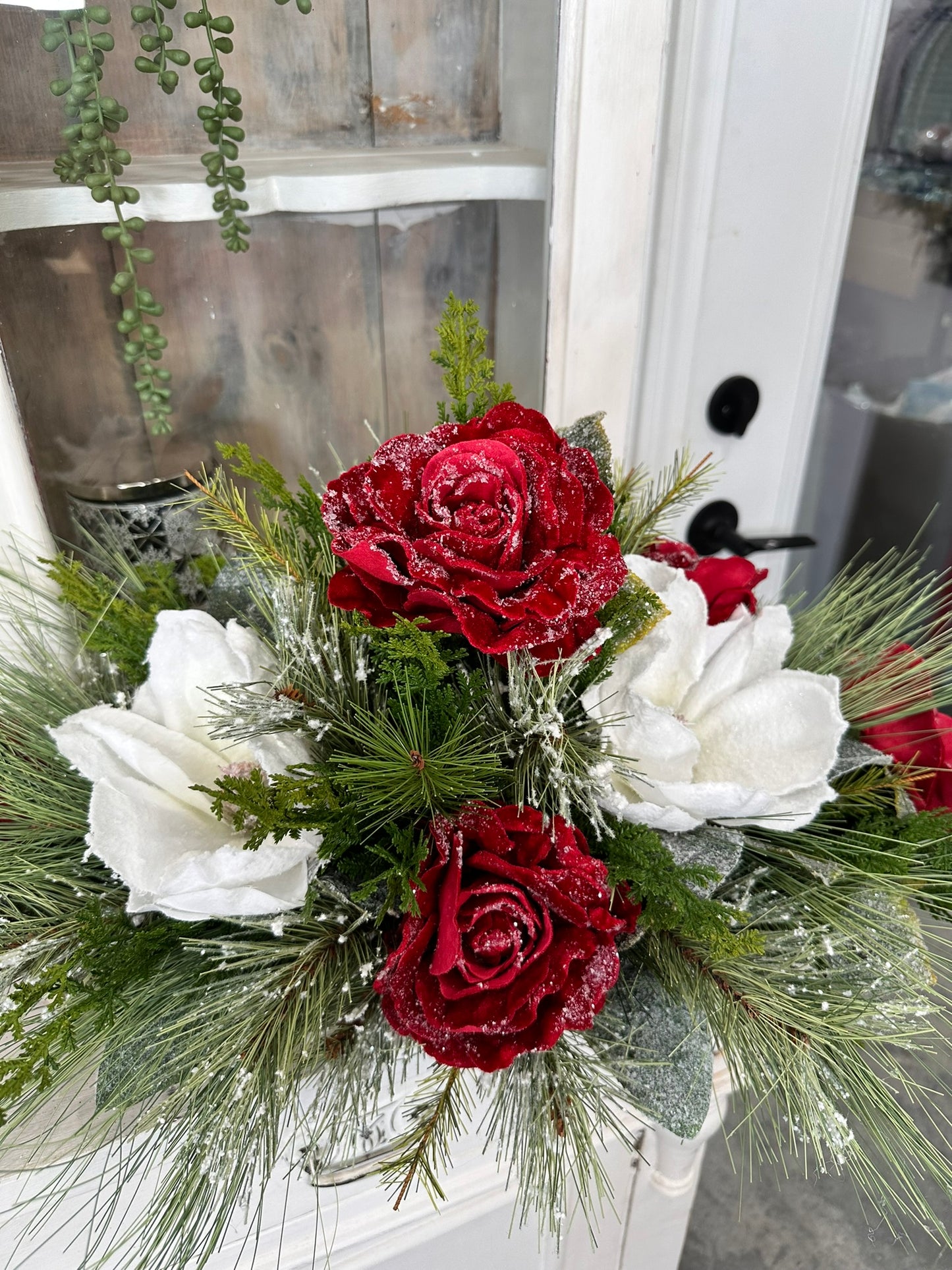 Elegant Frosted Rose & Magnolia Holiday Centerpiece Arrangement - 25x16" Luxury Seasonal Decor for Table - High End Arrangement