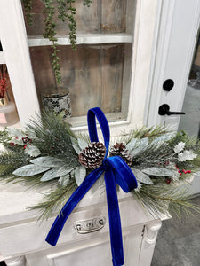 Simple Pine Centerpiece or Door Swag with Blue Bow – Classic Christmas Decor