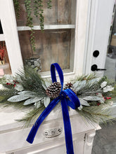 Load image into Gallery viewer, Simple Pine Centerpiece or Door Swag with Blue Bow – Classic Christmas Decor