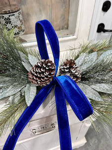 Simple Pine Centerpiece or Door Swag with Blue Bow – Classic Christmas Decor