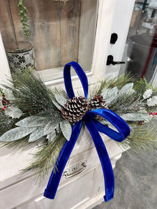 Simple Pine Centerpiece or Door Swag with Blue Bow – Classic Christmas Decor