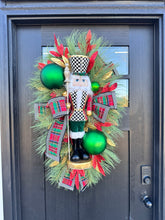 Load image into Gallery viewer, Deluxe Christmas Nutcracker Door Swag - 39&quot; Holiday Front Door Decor with Foam Nutcracker, Flocked Pines, and Festive Ribbon-TCT1703