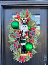 Load image into Gallery viewer, Deluxe Christmas Nutcracker Door Swag - 39&quot; Holiday Front Door Decor with Foam Nutcracker, Flocked Pines, and Festive Ribbon-TCT1703