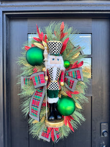 Deluxe Christmas Nutcracker Door Swag - 39" Holiday Front Door Decor with Foam Nutcracker, Flocked Pines, and Festive Ribbon-TCT1703