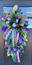 Load image into Gallery viewer, Mardi Gras Swag with Ribbons - Fat Tuesday Home Decor - Louisiana Custom Design - NOLA Themed Wreath- Porch Door Hanger- French Quarter Swag