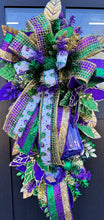 Load image into Gallery viewer, Mardi Gras Swag with Ribbons - Fat Tuesday Home Decor - Louisiana Custom Design - NOLA Themed Wreath- Porch Door Hanger- French Quarter Swag