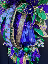 Load image into Gallery viewer, Mardi Gras Swag with Ribbons - Fat Tuesday Home Decor - Louisiana Custom Design - NOLA Themed Wreath- Porch Door Hanger- French Quarter Swag