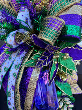 Load image into Gallery viewer, Mardi Gras Swag with Ribbons - Fat Tuesday Home Decor - Louisiana Custom Design - NOLA Themed Wreath- Porch Door Hanger- French Quarter Swag