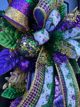 Load image into Gallery viewer, Mardi Gras Swag with Ribbons - Fat Tuesday Home Decor - Louisiana Custom Design - NOLA Themed Wreath- Porch Door Hanger- French Quarter Swag