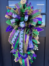 Load image into Gallery viewer, Mardi Gras Swag with Ribbons - Fat Tuesday Home Decor - Louisiana Custom Design - NOLA Themed Wreath- Porch Door Hanger- French Quarter Swag