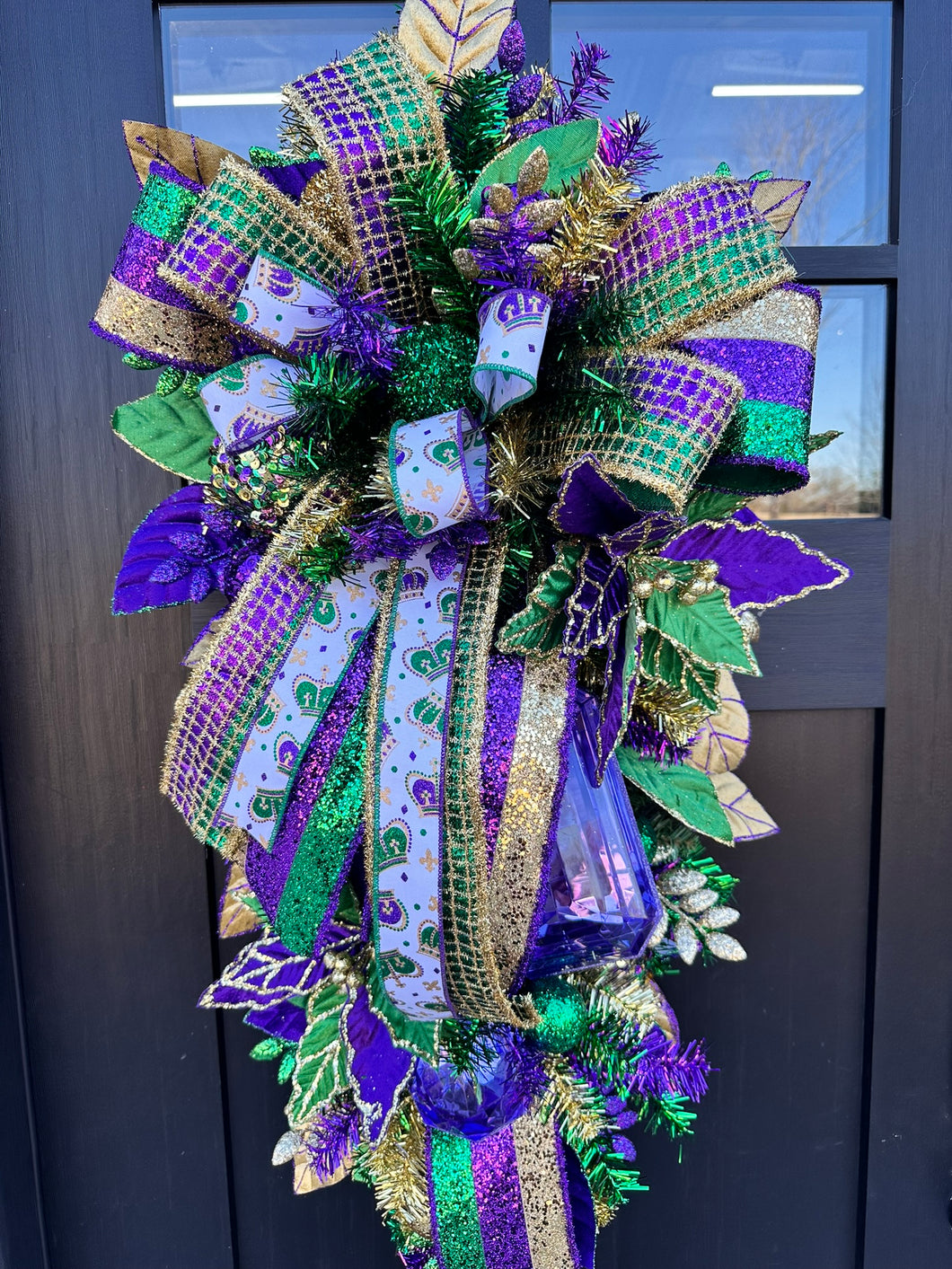 Mardi Gras Swag with Ribbons - Fat Tuesday Home Decor - Louisiana Custom Design - NOLA Themed Wreath- Porch Door Hanger- French Quarter Swag