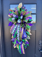 Load image into Gallery viewer, Mardi Gras Swag with Ribbons - Fat Tuesday Home Decor - Louisiana Custom Design - NOLA Themed Wreath- Porch Door Hanger- French Quarter Swag