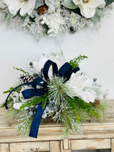 Load image into Gallery viewer, Snowy Magnolia and Blue Crabapple Winter Table Centerpiece - Frosted Pine and Pinecone Home Decoration - Foyer Entryway Floral Arrangement