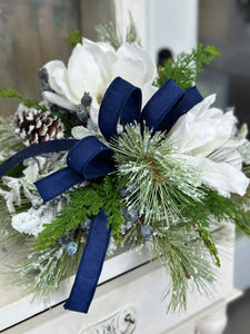 Snowy Magnolia and Blue Crabapple Winter Table Centerpiece - Frosted Pine and Pinecone Home Decoration - Foyer Entryway Floral Arrangement