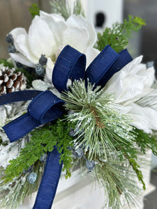 Snowy Magnolia and Blue Crabapple Winter Table Centerpiece - Frosted Pine and Pinecone Home Decoration - Foyer Entryway Floral Arrangement