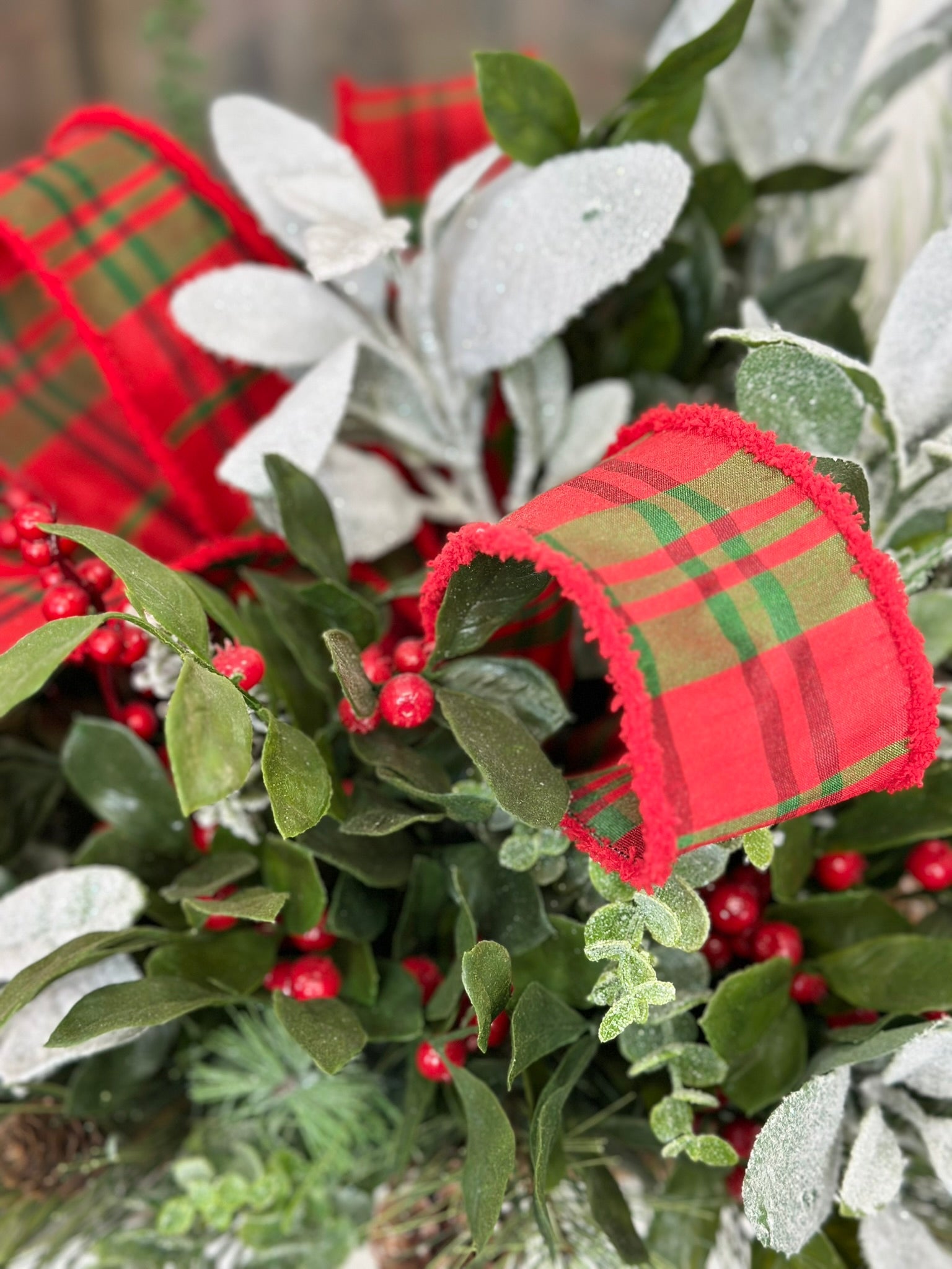 Festive Christmas Centerpiece with Snowy Lambs Ear, Pine Sprays, and Plaid Ribbon - Elegant Holiday Table Decoration TCT Crafts