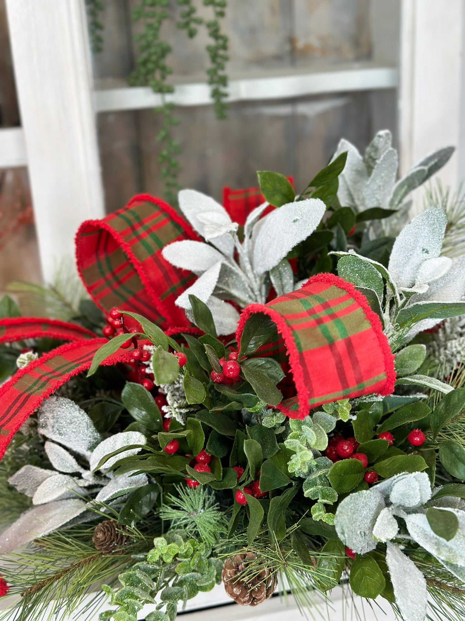Festive Christmas Centerpiece with Snowy Lambs Ear, Pine Sprays, and Plaid Ribbon - Elegant Holiday Table Decoration TCT Crafts