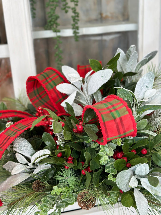Festive Christmas Centerpiece with Snowy Lambs Ear, Pine Sprays, and Plaid Ribbon - Elegant Holiday Table Decoration TCT Crafts
