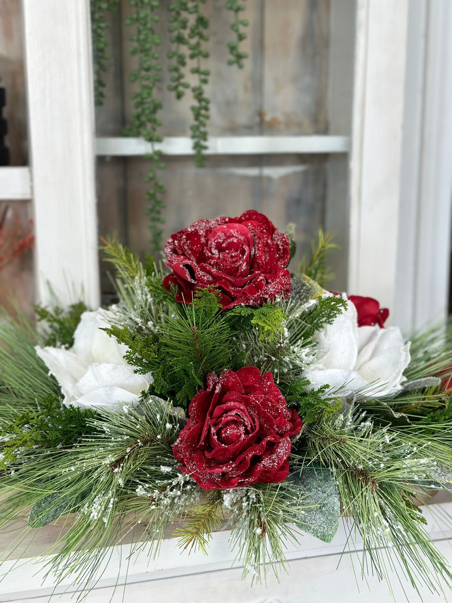Elegant Frosted Rose & Magnolia Holiday Centerpiece Arrangement - 25x16" Luxury Seasonal Decor for Table - High End Arrangement