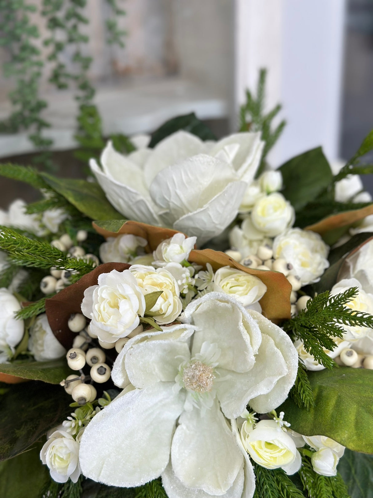 Frosted Magnolia & Peony Arrangement - 18"x20" Winter Wedding or Elegant Home Decor