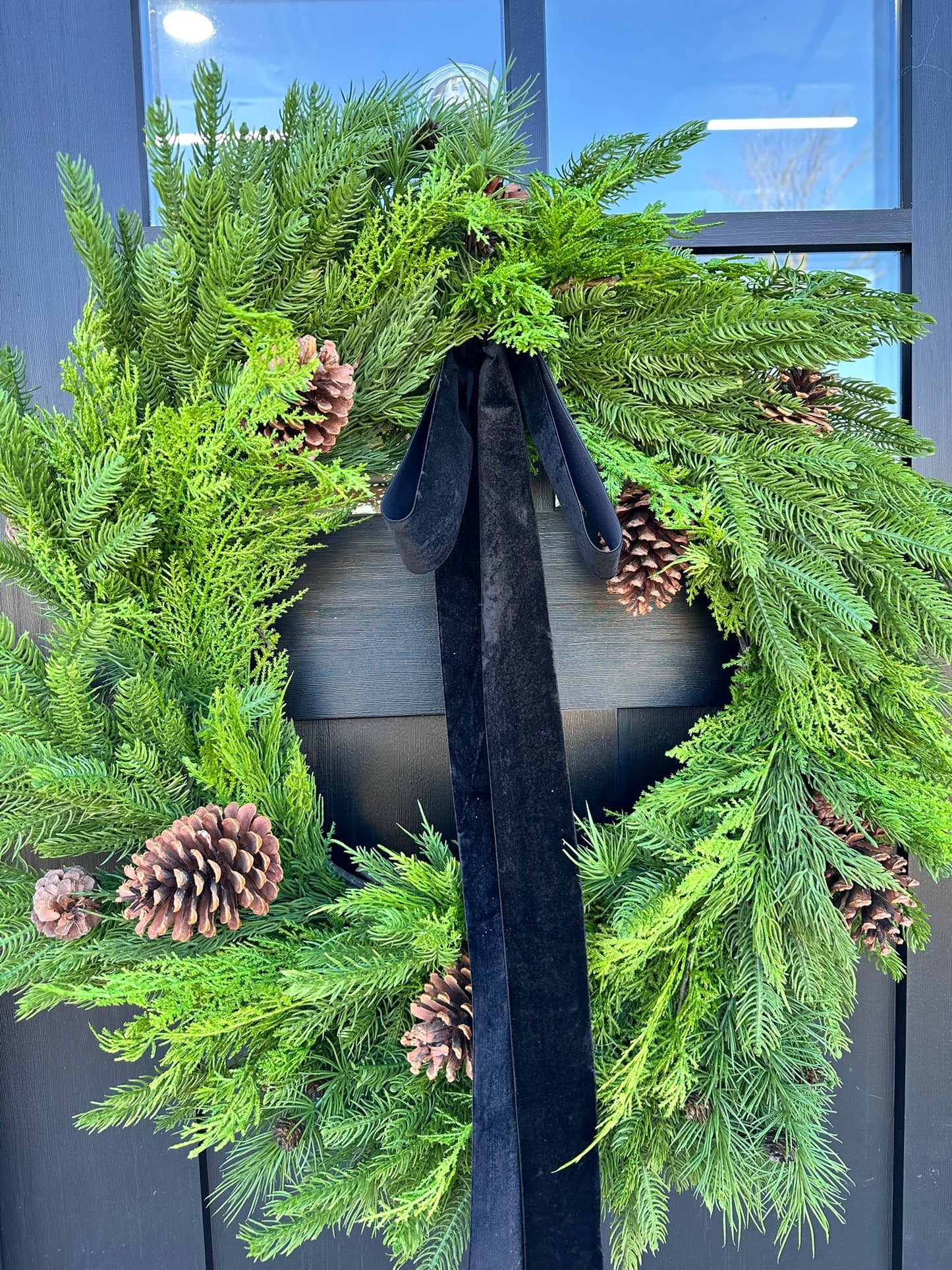 30" Mixed Evergreen Wreath with Pinecones & Velvet Ribbon - Rustic Holiday Decor