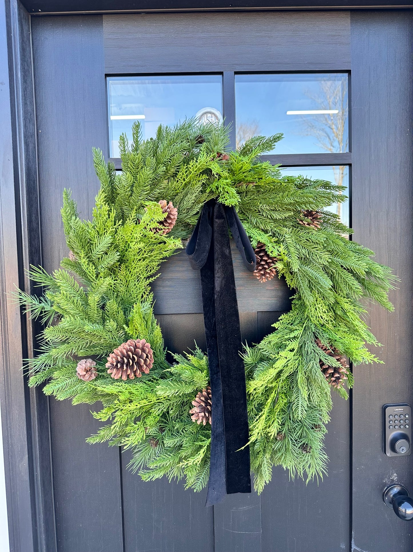 30" Mixed Evergreen Wreath with Pinecones & Velvet Ribbon - Rustic Holiday Decor