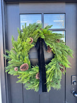 30" Mixed Evergreen Wreath with Pinecones & Velvet Ribbon - Rustic Holiday Decor