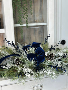 Midnight Blue Velvet & Pine Door Swag - 36"x19" Elegant Winter Decor