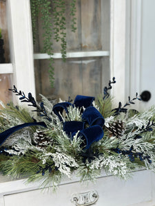 Midnight Blue Velvet & Pine Door Swag - 36"x19" Elegant Winter Decor