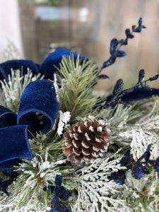 Midnight Blue Velvet & Pine Door Swag - 36"x19" Elegant Winter Decor