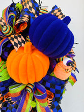 Load image into Gallery viewer, Traditional Halloween Pumpkin Wreath, Vibrant Orange/Purple/Green, Large Flocked Pumpkins &amp; Fun Ice Cream Cones-TCT1640