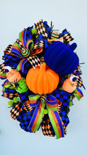 Load image into Gallery viewer, Traditional Halloween Pumpkin Wreath, Vibrant Orange/Purple/Green, Large Flocked Pumpkins &amp; Fun Ice Cream Cones-TCT1640