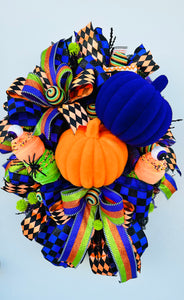 Traditional Halloween Pumpkin Wreath, Vibrant Orange/Purple/Green, Large Flocked Pumpkins & Fun Ice Cream Cones-TCT1640