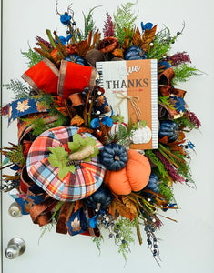 Large Fall Door Wreath – Blue and Orange Pumpkins, 'Give Thanks' Sign, Floral & Ribbon Accents – Seasonal Porch Décor-TCT1648