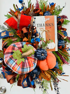 Large Fall Door Wreath – Blue and Orange Pumpkins, 'Give Thanks' Sign, Floral & Ribbon Accents – Seasonal Porch Décor-TCT1648