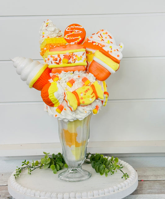 Halloween Candy Corn Themed Faux Milkshake - Handmade Decorative Piece - Ideal for Tiered Trays, Party Decorations, and Photography Props