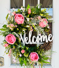 Load image into Gallery viewer, 27x22&quot; Green &amp; Pink Floral Grapevine Welcome Wreath - Graceful Home Accent with Roses, Berry Bushes, and Artificial Greenery-TCT1473