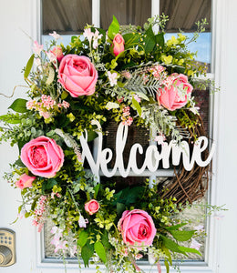 27x22" Green & Pink Floral Grapevine Welcome Wreath - Graceful Home Accent with Roses, Berry Bushes, and Artificial Greenery-TCT1473
