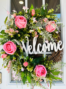 27x22" Green & Pink Floral Grapevine Welcome Wreath - Graceful Home Accent with Roses, Berry Bushes, and Artificial Greenery-TCT1473