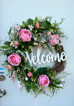 Load image into Gallery viewer, 27x22&quot; Green &amp; Pink Floral Grapevine Welcome Wreath - Graceful Home Accent with Roses, Berry Bushes, and Artificial Greenery-TCT1473