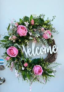 27x22" Green & Pink Floral Grapevine Welcome Wreath - Graceful Home Accent with Roses, Berry Bushes, and Artificial Greenery-TCT1473