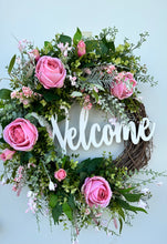 Load image into Gallery viewer, 27x22&quot; Green &amp; Pink Floral Grapevine Welcome Wreath - Graceful Home Accent with Roses, Berry Bushes, and Artificial Greenery-TCT1473