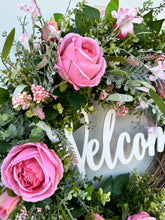 Load image into Gallery viewer, 27x22&quot; Green &amp; Pink Floral Grapevine Welcome Wreath - Graceful Home Accent with Roses, Berry Bushes, and Artificial Greenery-TCT1473