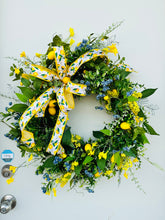 Load image into Gallery viewer, 32x29&quot; Yellow and Blue Floral Lemon Grapevine Wreath - Vibrant Summertime Decor