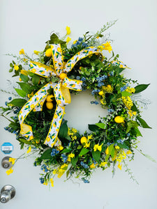 32x29" Yellow and Blue Floral Lemon Grapevine Wreath - Vibrant Summertime Decor