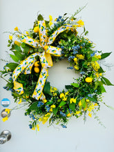 Load image into Gallery viewer, 32x29&quot; Yellow and Blue Floral Lemon Grapevine Wreath - Vibrant Summertime Decor