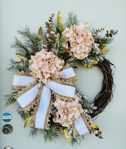 28x20" Elegant Gold & White Floral Christmas/Winter Grapevine Wreath - Enriched with Designer Beaded Ribbon-TCT1420
