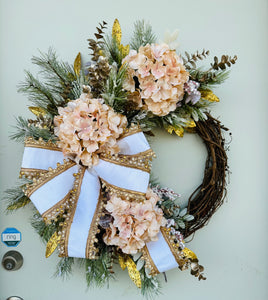 28x20" Elegant Gold & White Floral Christmas/Winter Grapevine Wreath - Enriched with Designer Beaded Ribbon-TCT1420