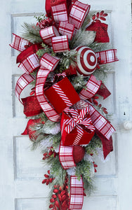 XL Artificial Pine Red & White Christmas Door Swag with Red Julian Plaid Ribbon - 50x20" Festive Door Decor - Designer Holiday Swag