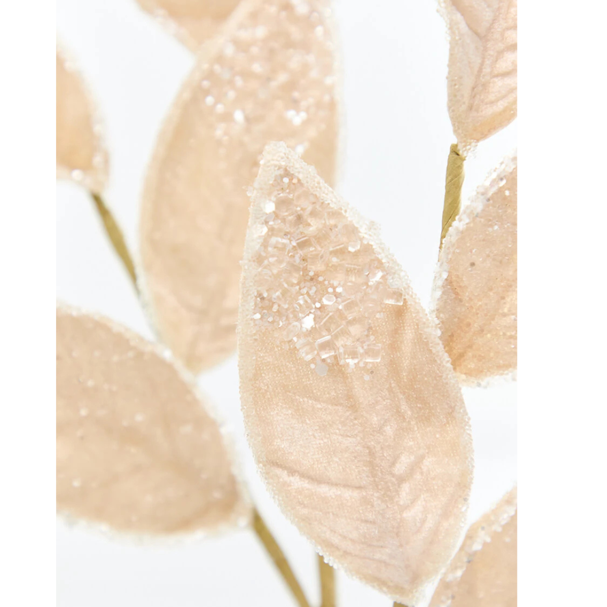 Iced Champagne Leaves Spray | Velvet Glitter Christmas Stem | 28" Spray-277653 Direct Export